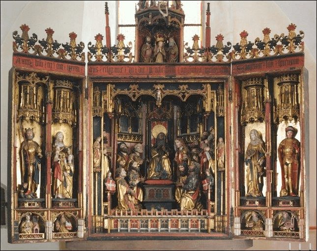Fig. 1. Workshop of Bernt Notke, The Miracle of the Pentecost with Saints and the Coronation of the Virgin, third view of the Holy Spirit altarpiece, 1483. Church of the Holy Spirit, Tallinn, Estonia (Photo by the kind permission of Gustav Piir, Church of the Holy Spirit, Tallinn)