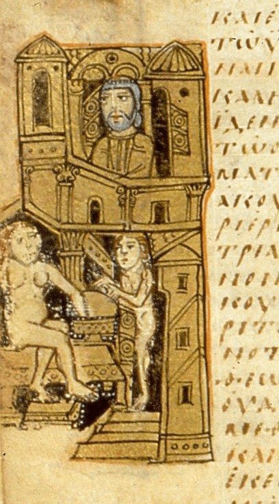 Fig. 1. Bath of Bathsheba, Sacra Parallela, Rome (?), after 843 (?). Paris, Bibliothèque nationale de France, gr. 923, fol. 282v (© BnF Paris)