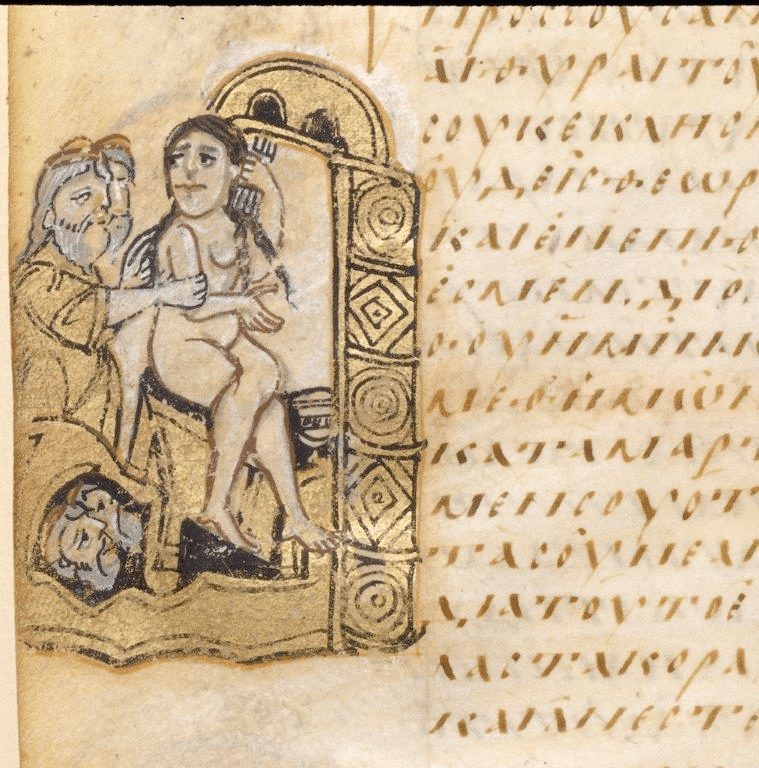 Fig. 2. Susanna spied upon by the Elders; the bath of Susanna, Sacra Parallela, Rome (?), after 843 (?). Paris, Bibliothèque nationale de France, gr. 923, fol. 373v (© BnF Paris)