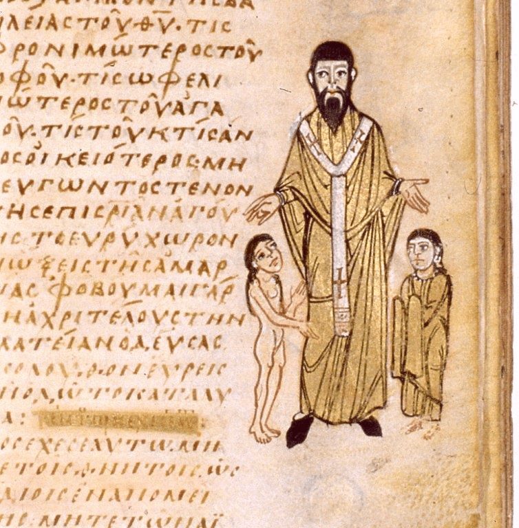 Fig. 7. St. Basil with the personifications of Chastity and Lust, Sacra Parallela, Rome (?), after 843 (?). Paris, Bibliothèque nationale de France, gr. 923, fol. 272r (© BnF Paris)