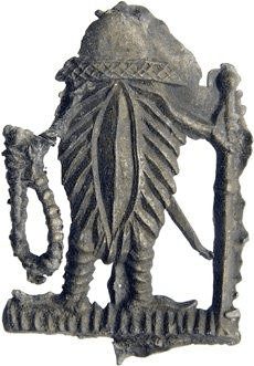 Fig. 7. Vulva figure depicted as a pilgrim with pilgrim’s staff and rosary, lead tin, Arnemuiden, the Netherlands, 1425–1475. Family Van Beuningen, Langbroek, Inv.nr. 4462 [cat. HP3, afb. 3026] (photo: Medieval Badges Foundation)
