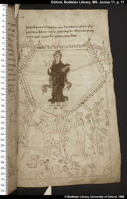 Fig. 9. Adam and Eve, Cædmon Manuscript, England, c. 1000. Bodleian Library, Oxford, MS Junius 11, p. 11 (© Oxford, Bodleian Library)