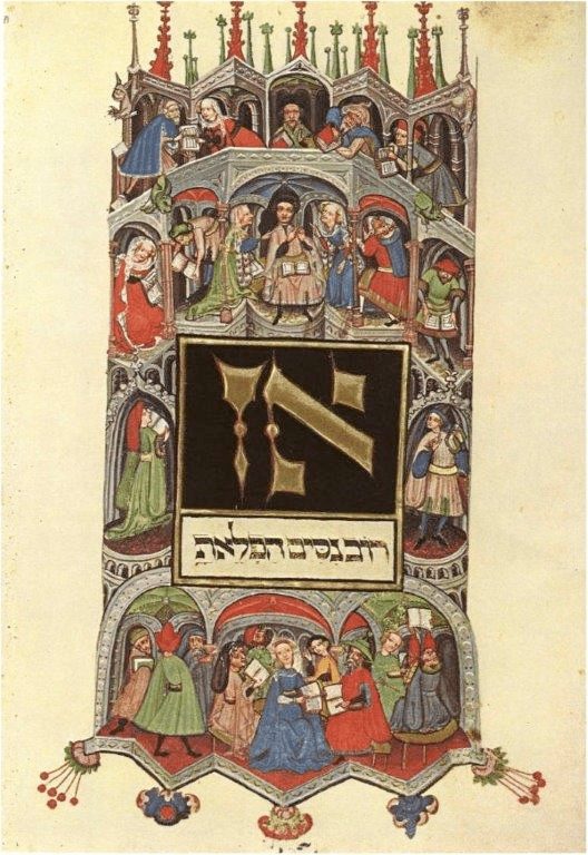 Fig. 6. Women and men studying together with open books, Darmstadt Haggadah, Middle Rhine, 2nd quarter of 15th c. Darmstadt, Universitäts-und Landesbibliothek, Cod. Or. 8, fol. 48v (© Universitäts-und Landesbibliothek Darmstadt)
