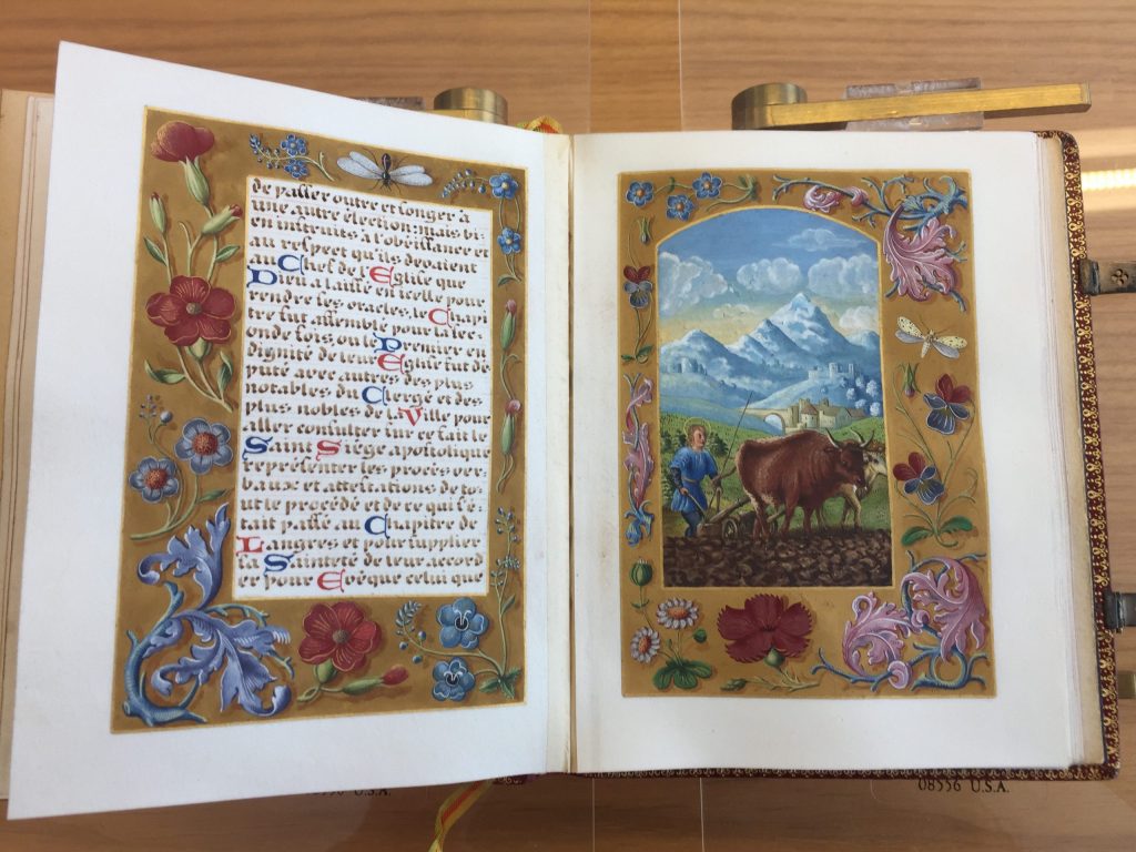 Didier with oxen as ploughman, fols. 4v–5r. Life of Saint Didier, Gothic Revival Manuscript, 1902. Karen Gould Collection #51, Gift of Lewis Gould. Spencer Art Reference Library, The Nelson-Atkins Museum of Art. (Photo: Virginia Blanton)
