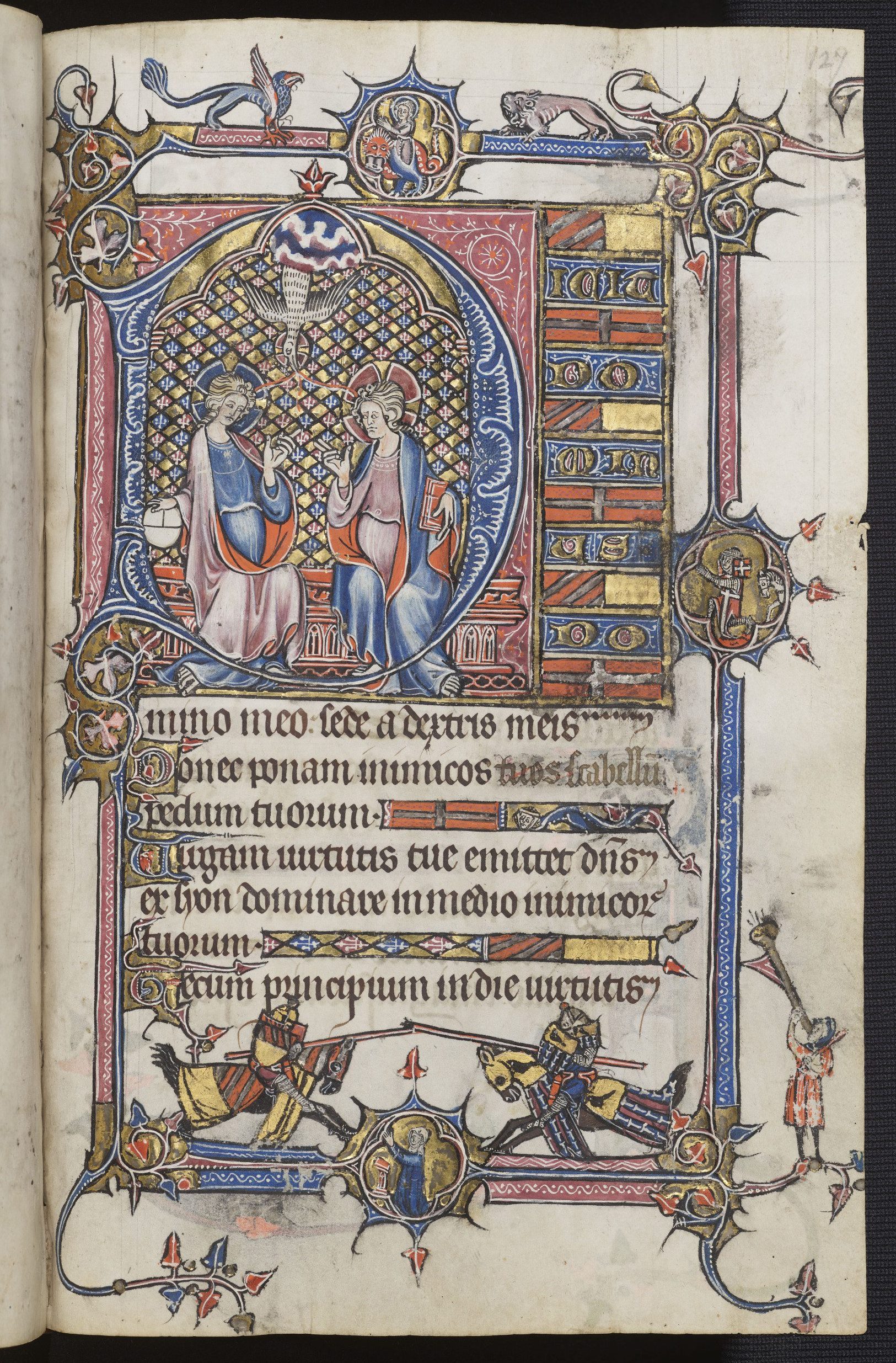 The Trinity and two knights jousting, with images of Saint Margaret, a knight (Joffroy d’Aspremont) and a laywoman (Isabelle de Kievraing) in prayer in the border medallions. Aspremont-Kievraing Prayer Book (psalter volume). Oxford, Bodleian Libraries MS Douce 118, fol. 127r.
