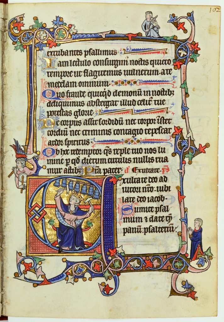 A layman kneeling in prayer before David playing the bells. Franciscan Psalter-Hours (psalter fragment). Paris, Bibliothèque nationale de France lat. MS 1076, fol. 102r. Photo: BnF.