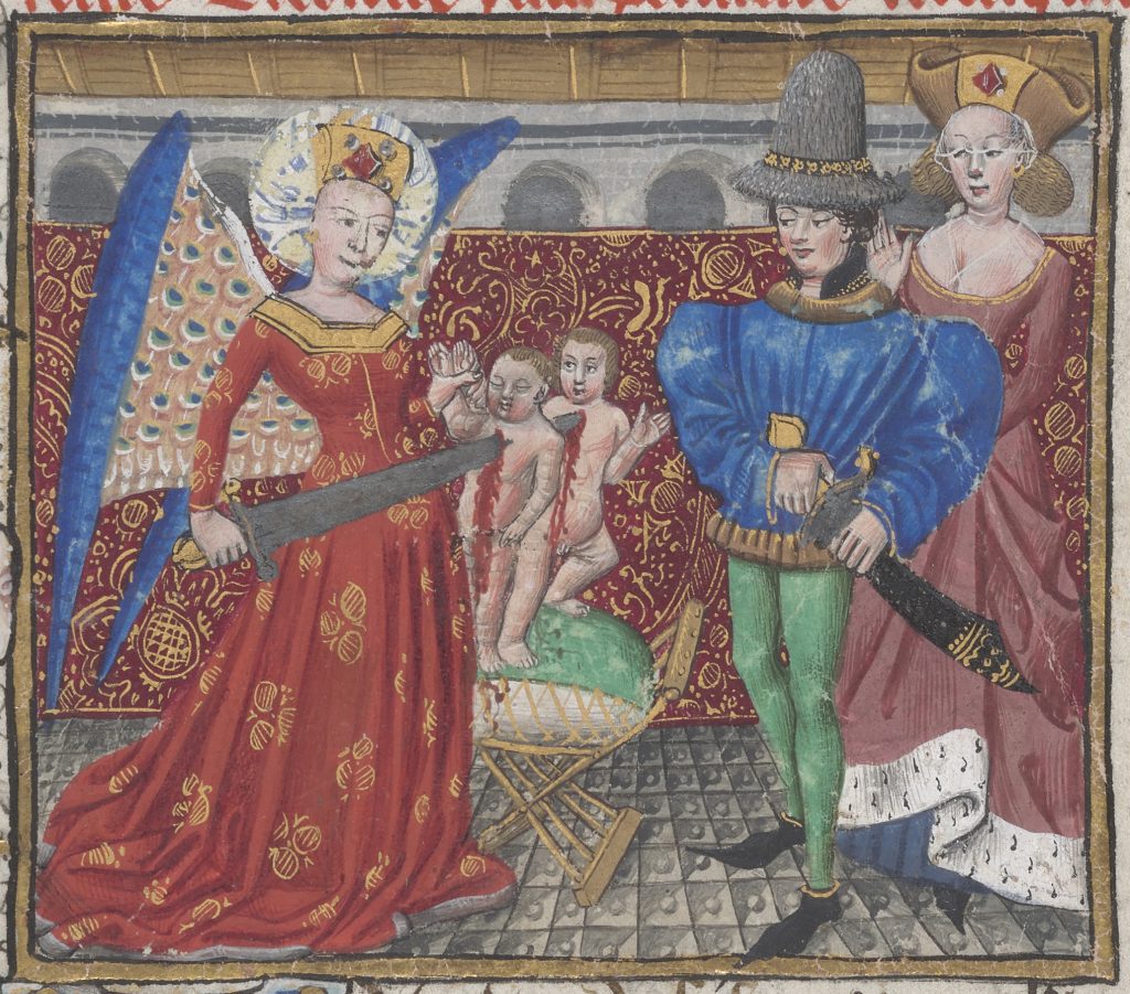 Fig. 10. England, perhaps London, “Medea Killing Her Sons,” in John Gower, Confessio Amantis, New York, Morgan Library & Museum, M. 126, fol. 108r (detail), ca. 1470. Purchased by J. Pierpont Morgan (1833-1913), 1903.