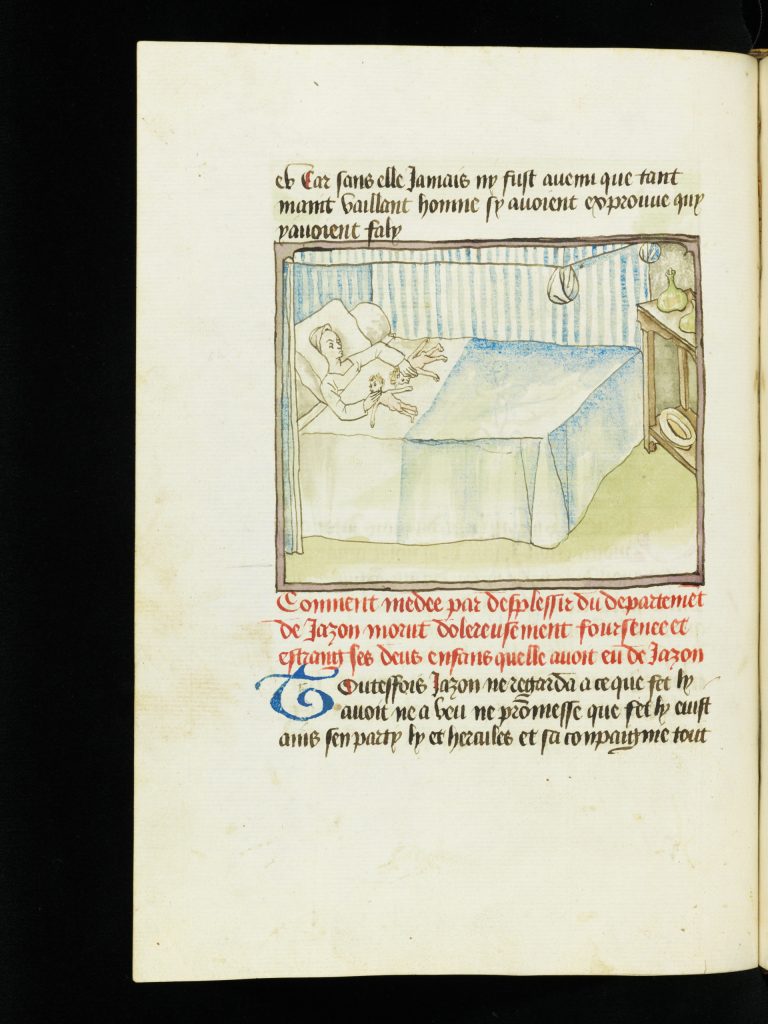 Fig. 11. Lille, “Medea Strangling her Sons,” Histoire de Thèbes et de la destruction de Troie, Cologny, Fondation Martin Bodmer, Cod. Bodmer 160, fol. 73v (detail), 1469.