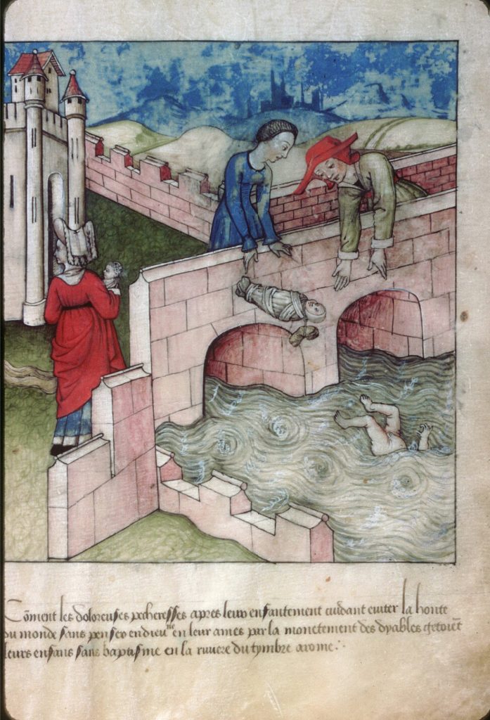 Fig. 13. Dijon, “Florentine Mothers Drowning their Babies,” Dijon Archives hospitalières, Ms. A H 4, fol. 7, 1450s. Photo: IRHT/CNRS. By courtesy of the Dijon Bourgogne University Hospital.