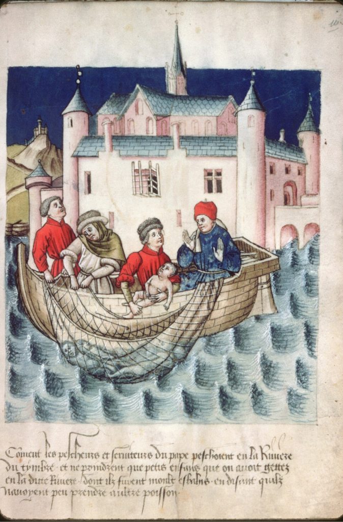 Fig. 16. Dijon, “Fishing Infant Corpses from the Tiber River,” Dijon Archives hospitalières, Ms. A H 4, fol. 10, 1450s. Photo: IRHT/CNRS. By courtesy of the Dijon Bourgogne University Hospital.