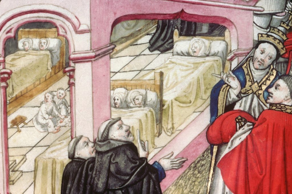Fig. 17. Dijon, “The Pope and Duke Visit the Hospital of Sto. Spirito in Rome,” Dijon, Archives hospitalières, Ms. A H 4, fol. 20 (detail), 1450s. Photo: IRHT/CNRS. By courtesy of the Dijon Bourgogne University Hospital.
