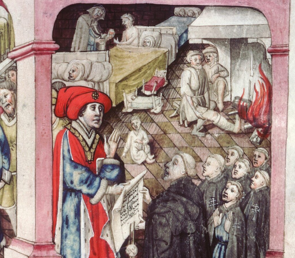 Fig. 18. Dijon, “Odo III Delivers the Paper Bull to the Religious of the Brotherhood in Dijon,” Dijon, Archives hospitalières, Ms. A H 4, fol. 24 (detail), 1450s. Photo: IRHT/CNRS. By courtesy of the Dijon Bourgogne University Hospital.
