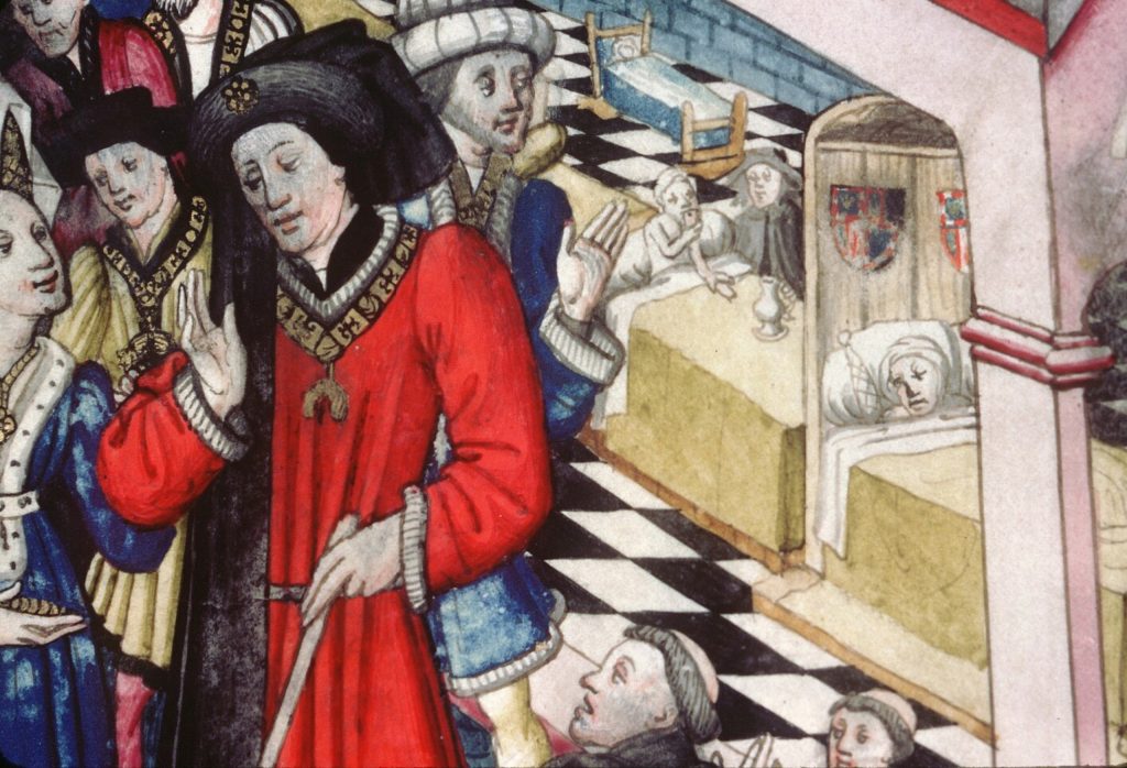 Fig. 19. Dijon, “Visit of Philip the Good and Isabelle of Portugal to the Hospital of the Holy Spirit in Dijon,” Archives hospitalières, Ms. A H 4, fol. 25 (detail), 1450s. Photo: IRHT/CNRS. By courtesy of the Dijon Bourgogne University Hospital.