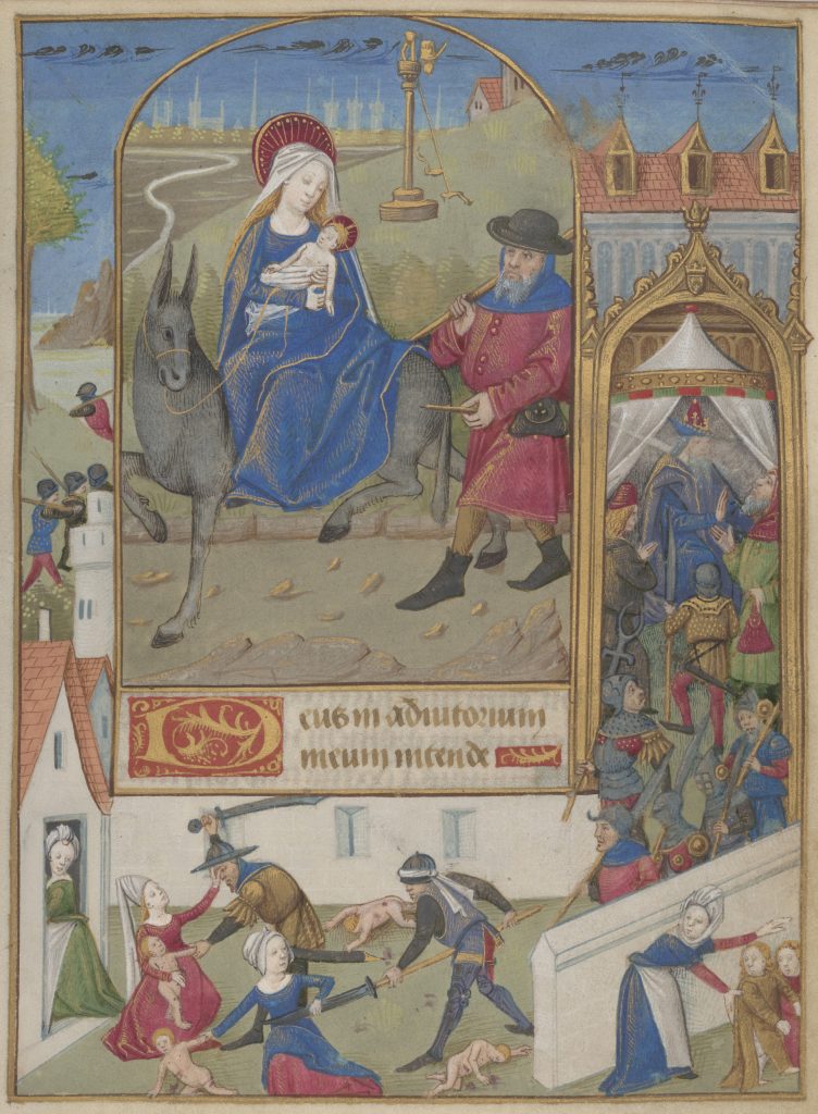 Fig. 6. Poitiers, “Flight into Egypt and Massacre of the Innocents,” Book of Hours, New York, Morgan Library & Museum, M. 1001, fol. 57r, ca. 1475. Purchase on the Fellows Fund, 1979.