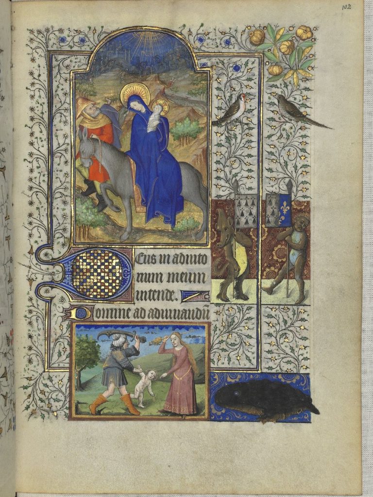 Fig. 7. Renne (France), “Flight into Egypt and Massacre of the Innocents,” Hours of Marguerite d’Orléans, Paris, BNF, Latin 1156B, fol. 102, ca. 1445-50.