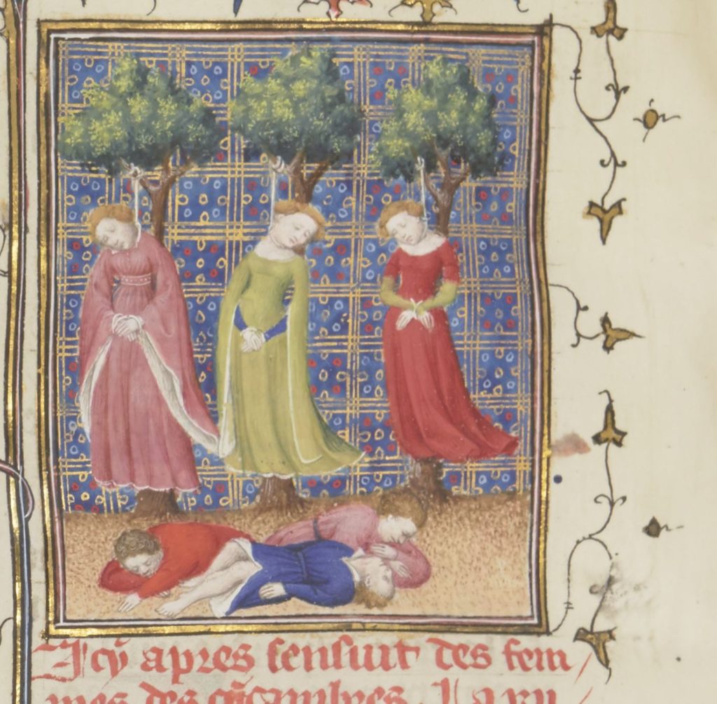 Fig. 8. “The wives of the Cimbrians hang themselves after killing their children,” Boccaccio, Des cleres et nobles femmes, Paris, BNF, Fr. 12420, fol. 120v (detail).