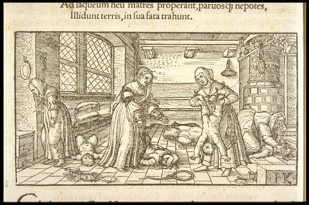 Fig. 9. Jakob Kerver (artist), “The wives of the Cimbrians hang themselves after killing their children,” Boccaccio, De claris mulieribus (Bern: Mathias Apiarus 1539), Division of Rare and Manuscript Collections, Cornell University Library