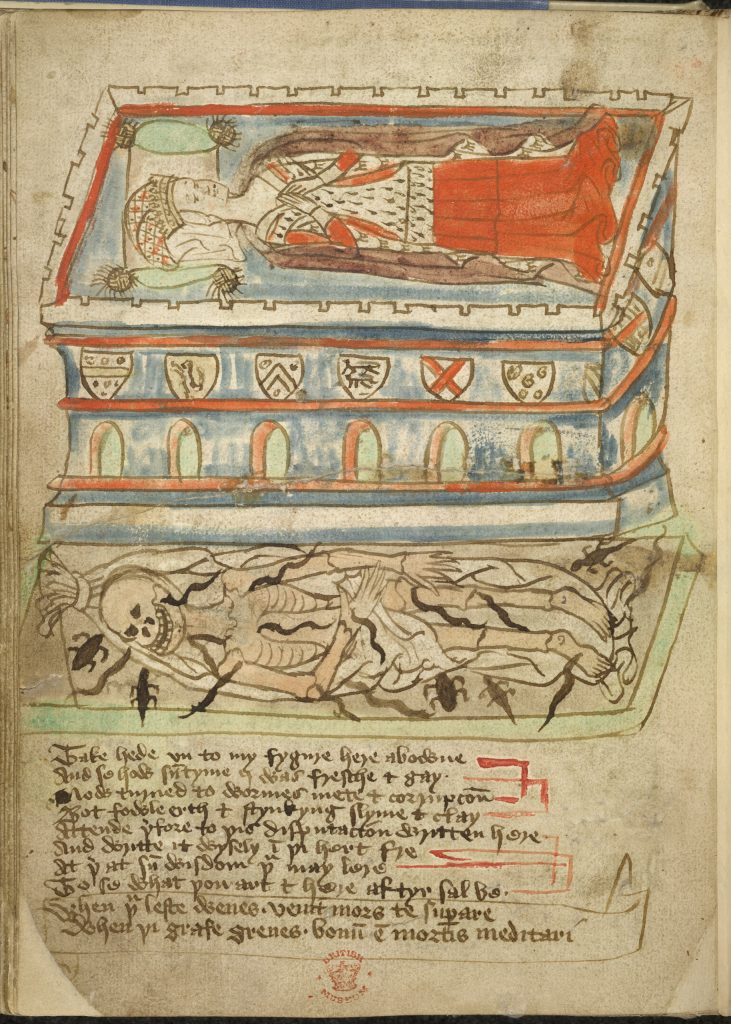 Figure 2. Effigy tomb and open grave from “A Disputation Between the Body and Worms.” Carthusian Miscellany, northern England (c. 1460-70). © British Library Board. British Library Additional MS 37049, f. 32v.