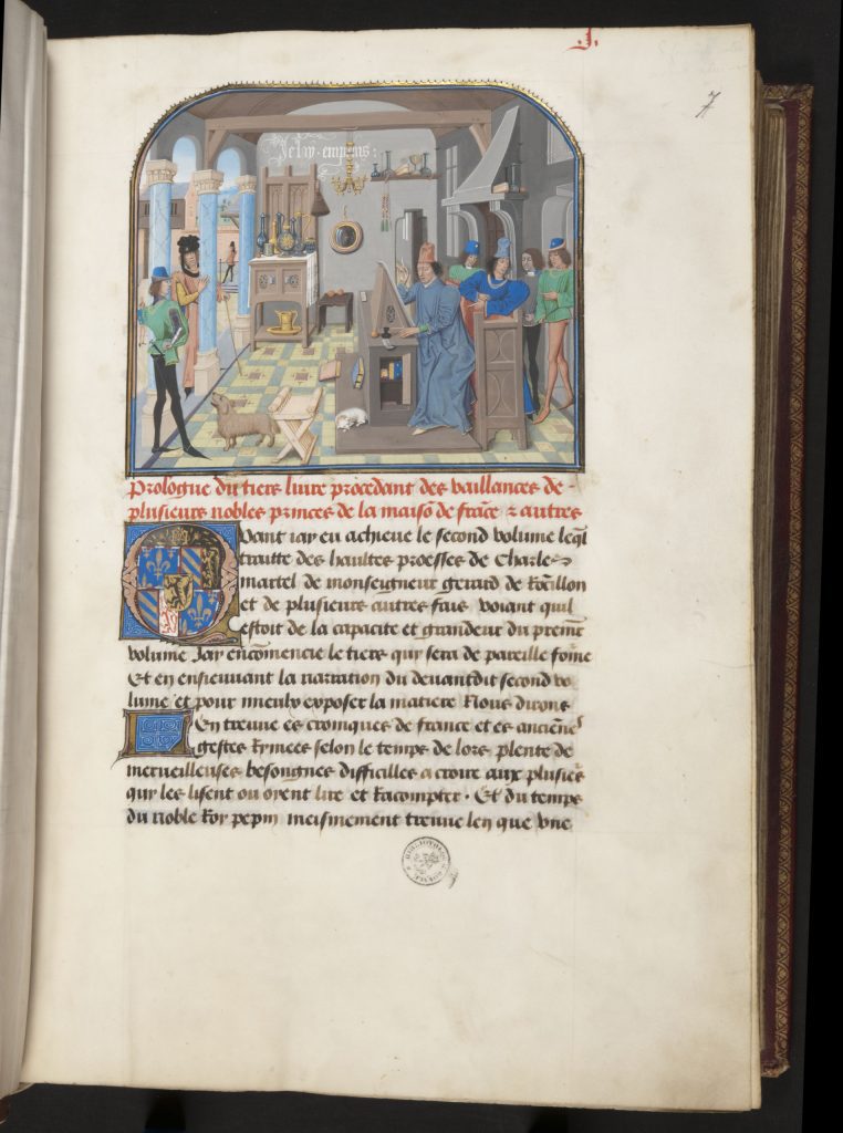 Fig. 6 Loyset Liédet, The Scribe’s Workshop. 1470-72. Brussels, Bibliothèque royale de Belgique, ms. 8, fol. 7r. (History of Charles Martel, Vol. 3). © KBR – Manuscripts – Ms 8.