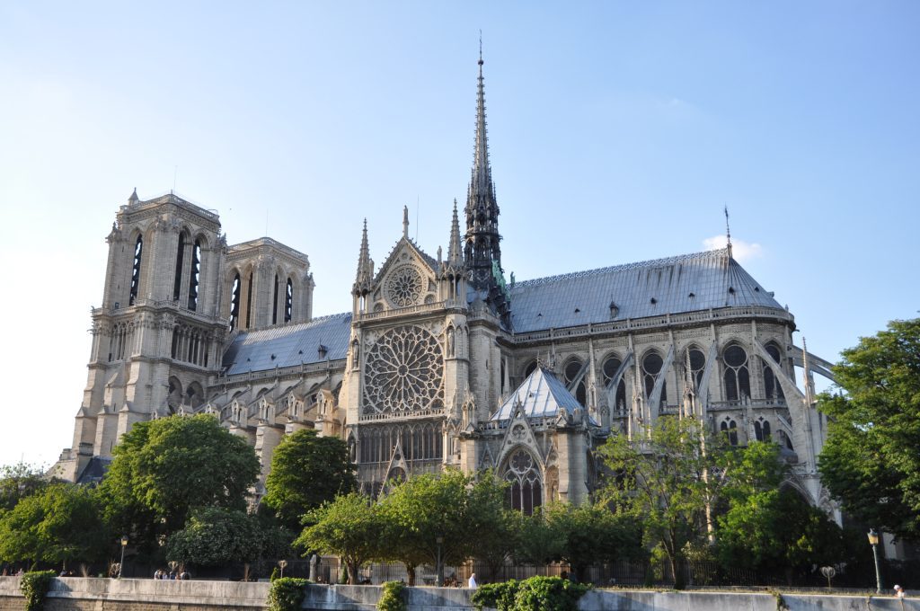 View of Notre-Dame of Paris from the south, with its rose window of c. 1260, photo taken before the fire of 2019