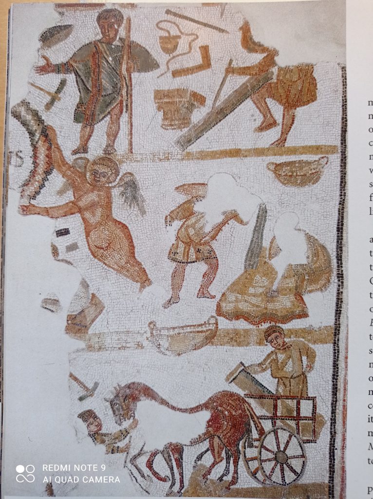 A multi-register Roman mosaic depicting various scenes of daily life and labor, including figures carrying tools, a cherub-like figure, workers processing goods, and an animal-drawn cart.