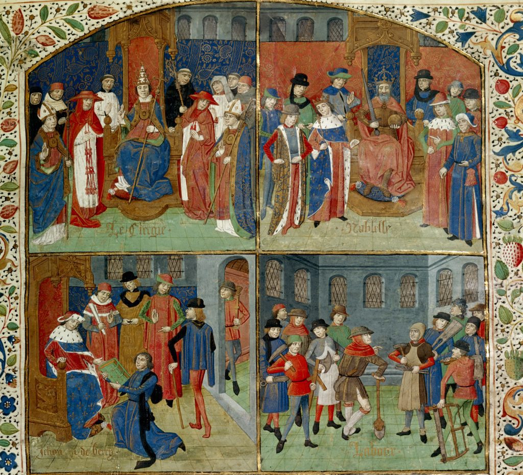 [Miniature and text] Miniature in four compartments: the clergy; the nobility; Jean, Duc de Berry receiving the book; a group of workmen in an interior with their tools, including a spade, saw and an axe. Text beginning with decorated initial 'A',