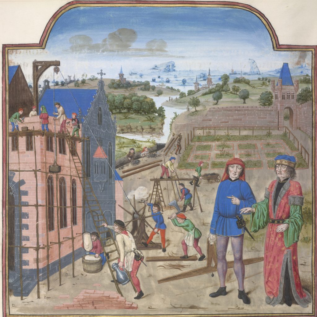 The nobleman and master mason inspecting the building. The house is covered in scaffolding, with ladder and pulley system; and one of the workman mixing the lime in a bucket. Behind, a walled garden with countryside in distance. Text beginning with decorated initial 'A'.