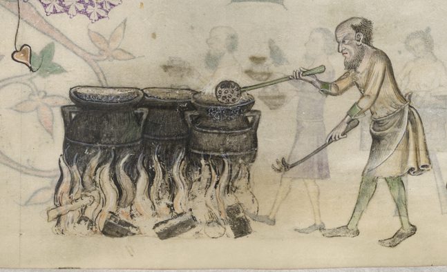 Psalm 113, with border decoration. Lower margin, a kitchen scene. On the left, an elderly bearded cook, perhaps representing John of Bridgford, Sir Geoffrey Luttrell's cook, dips a colander into one of three large cauldrons which are steaming over a log fire. A young man chops geen vegetables with two large knives on a three-legged table; and on the right, a bearded cook pounds a huge mortar with a pestle twice his own height.