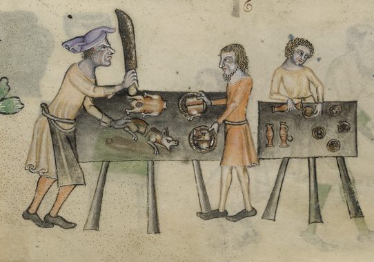 Psalm 113. Border decoration with grotesque. At the foot, a kitchen scene. On the left, a carver in cap and apron chops a sucking-pig in two with a large knife, and a servant takes two dishes of meat. In the centre, on a smaller three legged table, a man pours wine into a bowl from a small flagon. On the right, two servants carry dishes to the dinner table, which is illustrated on the following folio.