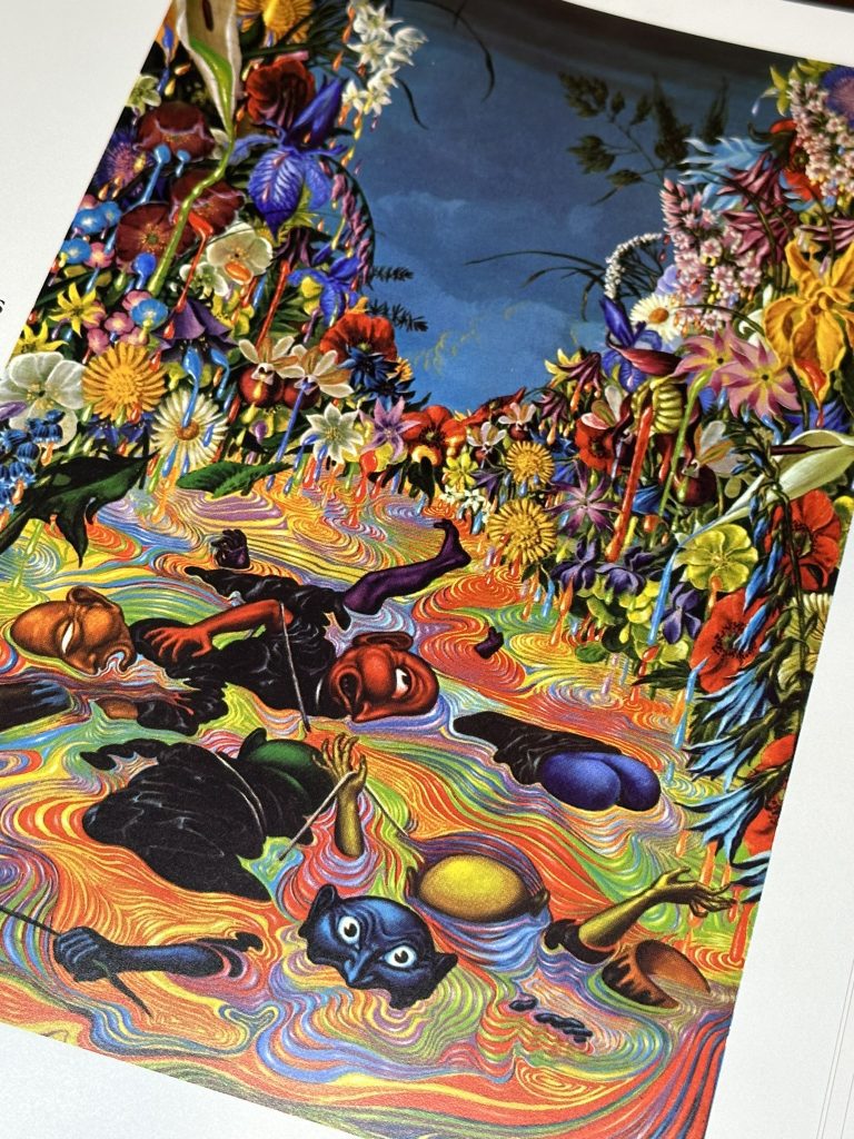 A photograph of a picture book illustration. In the illustration, a field of flowers drowns seven goblins in swirling rainbow colors.