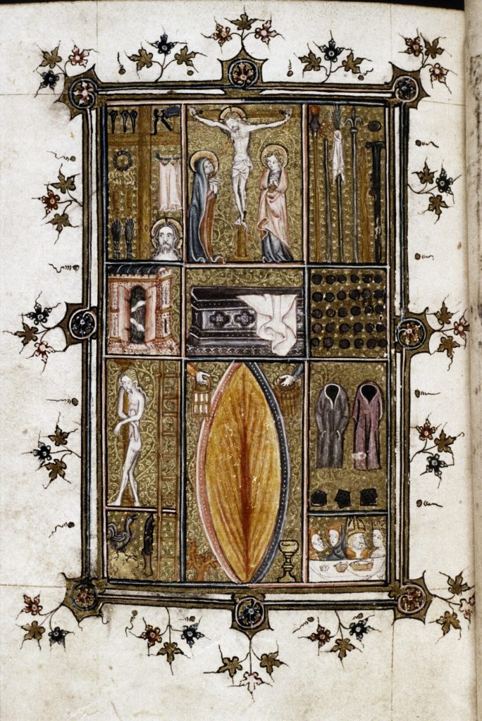 Page of the medieval manuscript the Bohun Psalter and Hours, with a miniature showing various scenes of the Passion of Christ in different compartments, including the Flagellation, the Crucifixion, and a large image of the Wound of Christ.