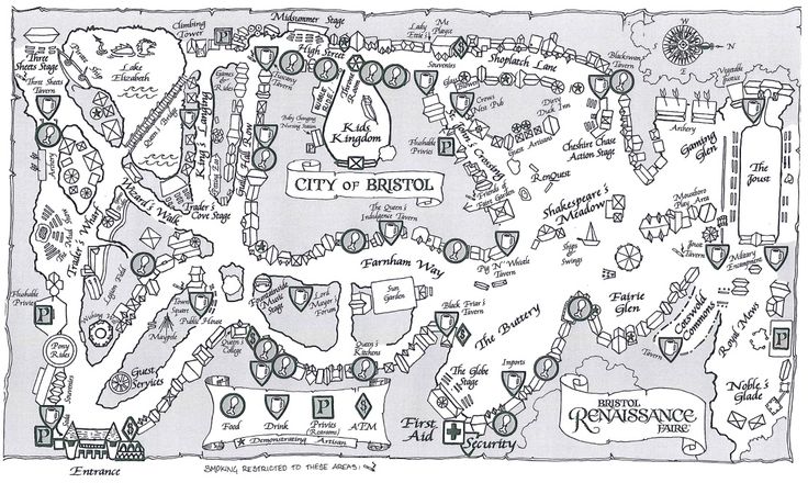 A black-and-white aerial map of the “City of Bristol” with the Bristol Renaissance Faire logo in the lower right corner, designed to look drawn by hand.