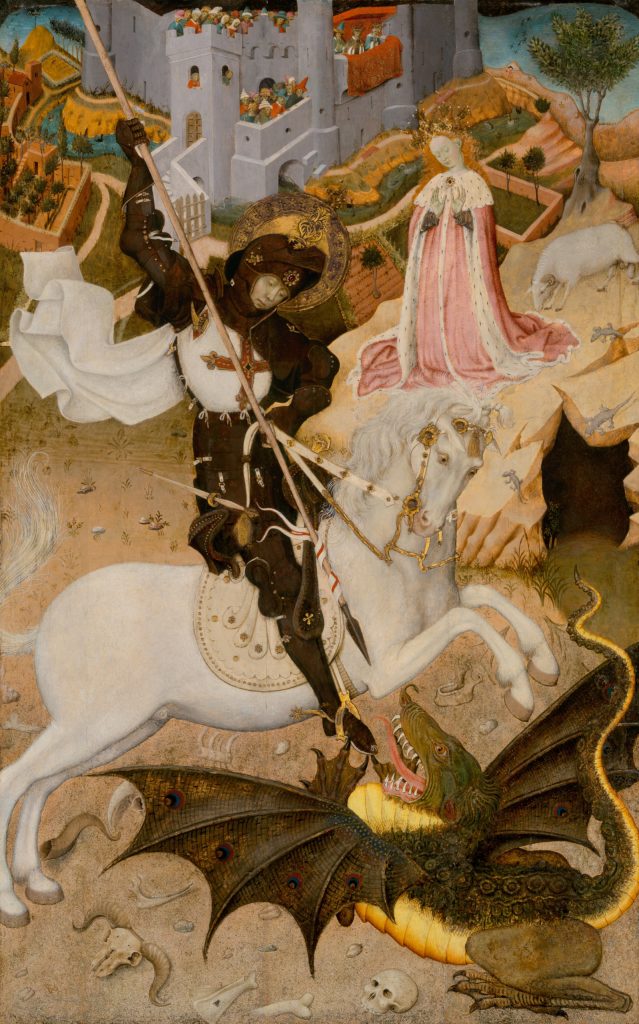A painting of a man wearing armor on a white horse about to strike a dragon with a long spear. A woman dressed in pink and fur robes watches from behind.