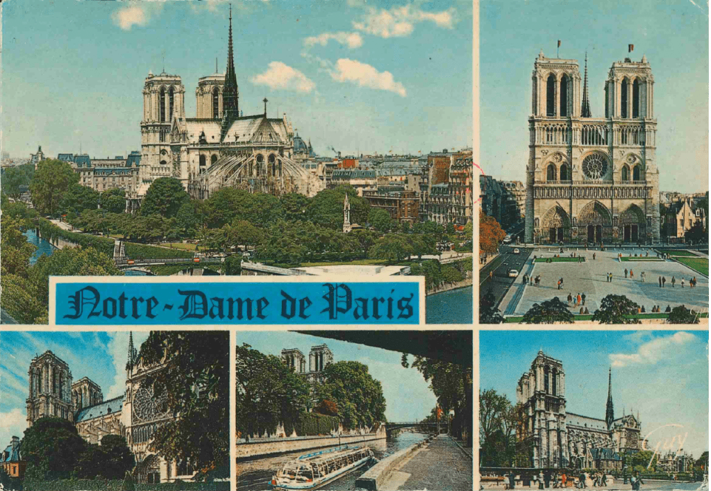 A old postcard that shows five views of the cathedral of Notre-Dame in Paris.
