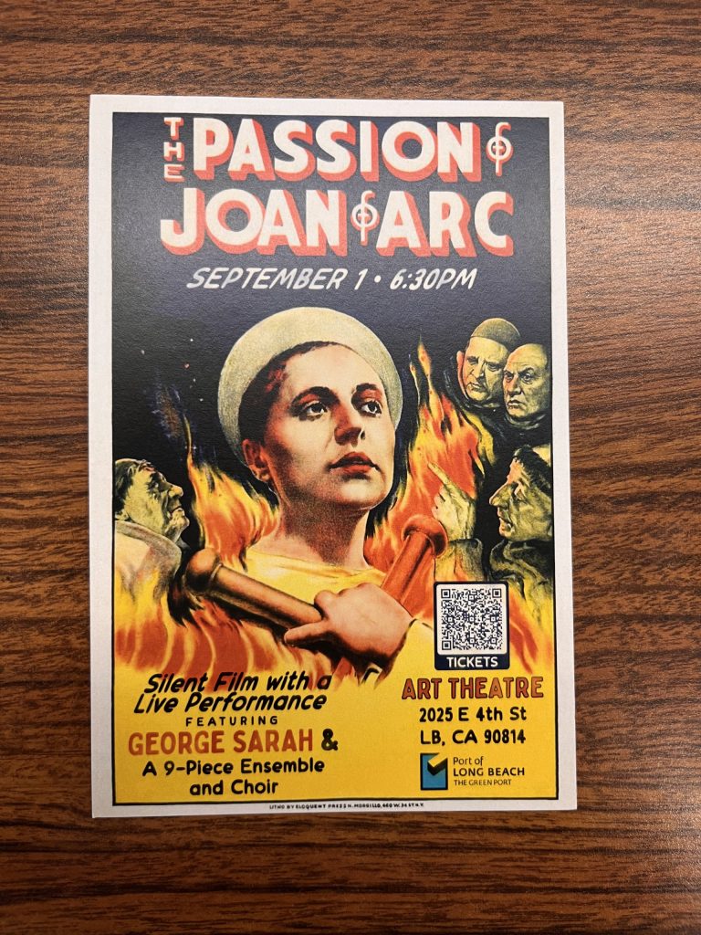 Postcard of a woman gazing up while surrounded by inquisitors.