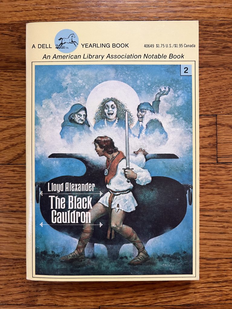 Book cover with boy holding sword before cauldron as witches watch.