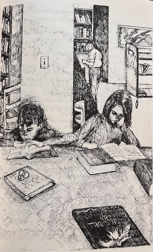 Illustration with two children reading in a library.