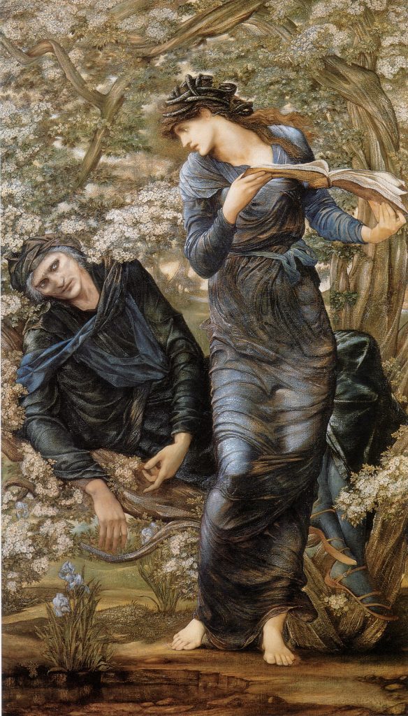 A painting of a graceful woman with a book looking back at the skulking magician Merlin.