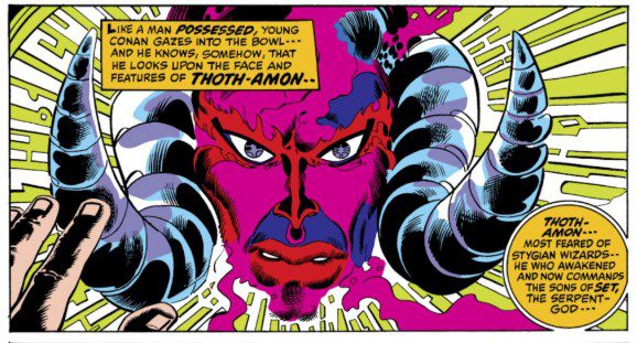 Figure 2: A comic panel depicting the face of the wizard Thoth-Amon. He is rendered with a fuchsia-colored skin, red eyebrows and lips and curling white horns protruding from his head.