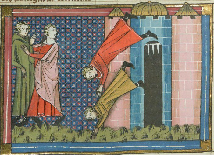 Figure 3: An illumination depicting King Henry of Jerusalem standing on green grass next to the Master of the Assassins. They both look on as the Master's two disciples throw themselves from the top of a castle surmounted with a gold dome and towers.