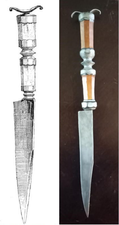 A 19th century illustration of an ornate dagger with a crescent-shaped pommel. Beside it is a replica of the same dagger commissioned by the author.