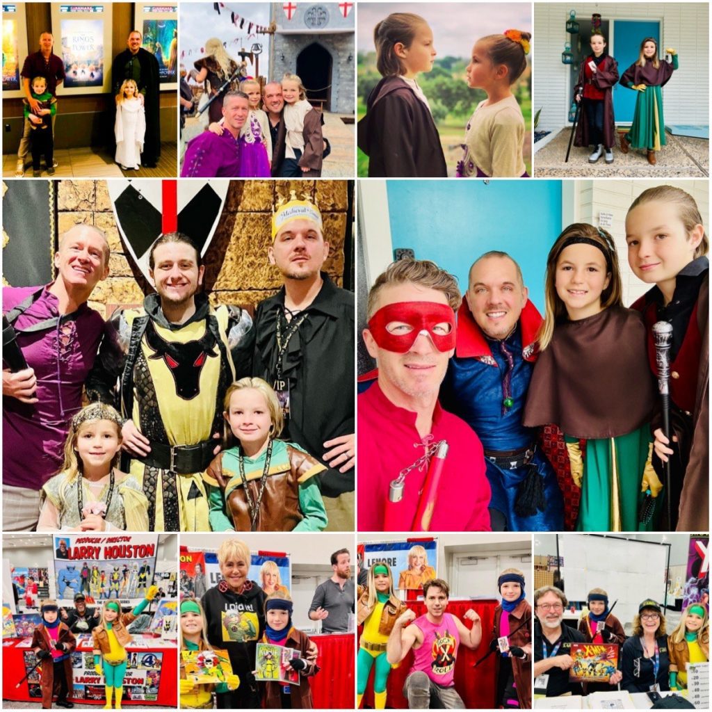 Collage of photos showing the author with their family: at top showing them in costume for The Rings of Power premier, two photos at the Renaissance Faire, and in Renncon outfits; at center, in costume at Medieval Times and at Renncon; and below: with creators of the X-Men series.