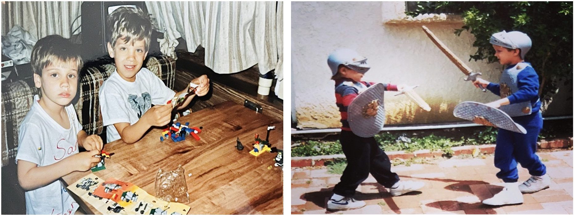 Side-by-side photos of the author and their brother playing Lego (at left) and with plastic swords and shields (at right).