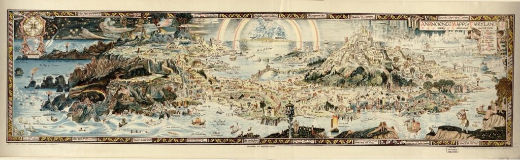 A vast map showing myriad fantasy locations, starting at left with a stormy seascape, then a double-rainbow sunny land at center, and finally a mountainous kingdom at right, all surrounded by and flowing with water.