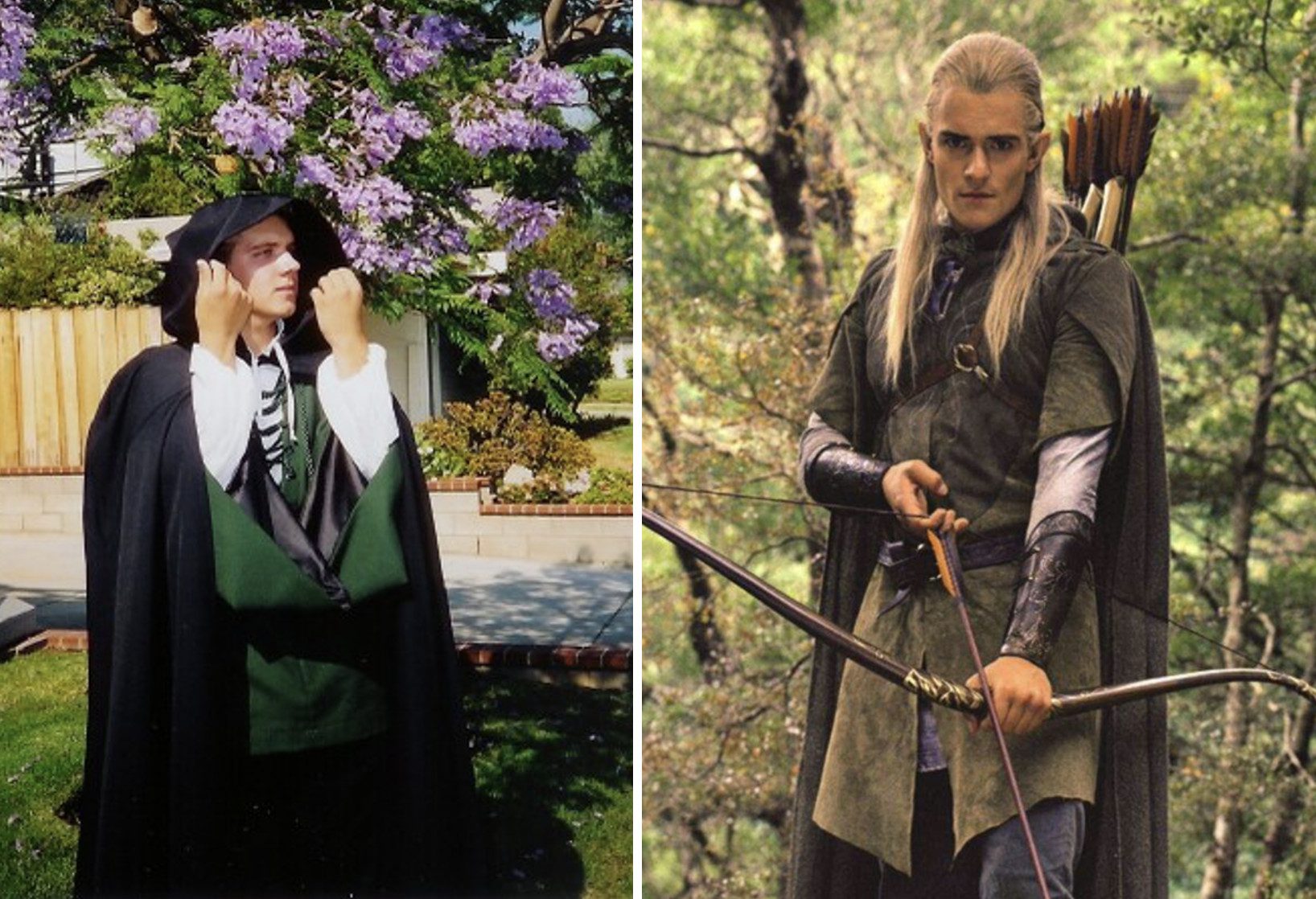 A juxtaposition of two outfits: the author dressed in a black cloak, green doublet over a white shirt next to Orlando Bloom as the elf Legolas, with long blonde hair wearing a green ensemble, and holding a bow and arrow.