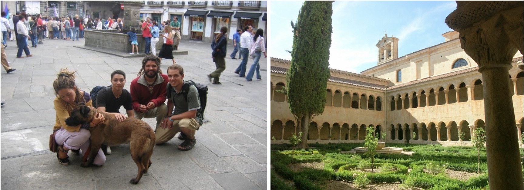 Side-by-side photos: A group of people with a dog (left) and the inner courtyard of a monastery garden (right).