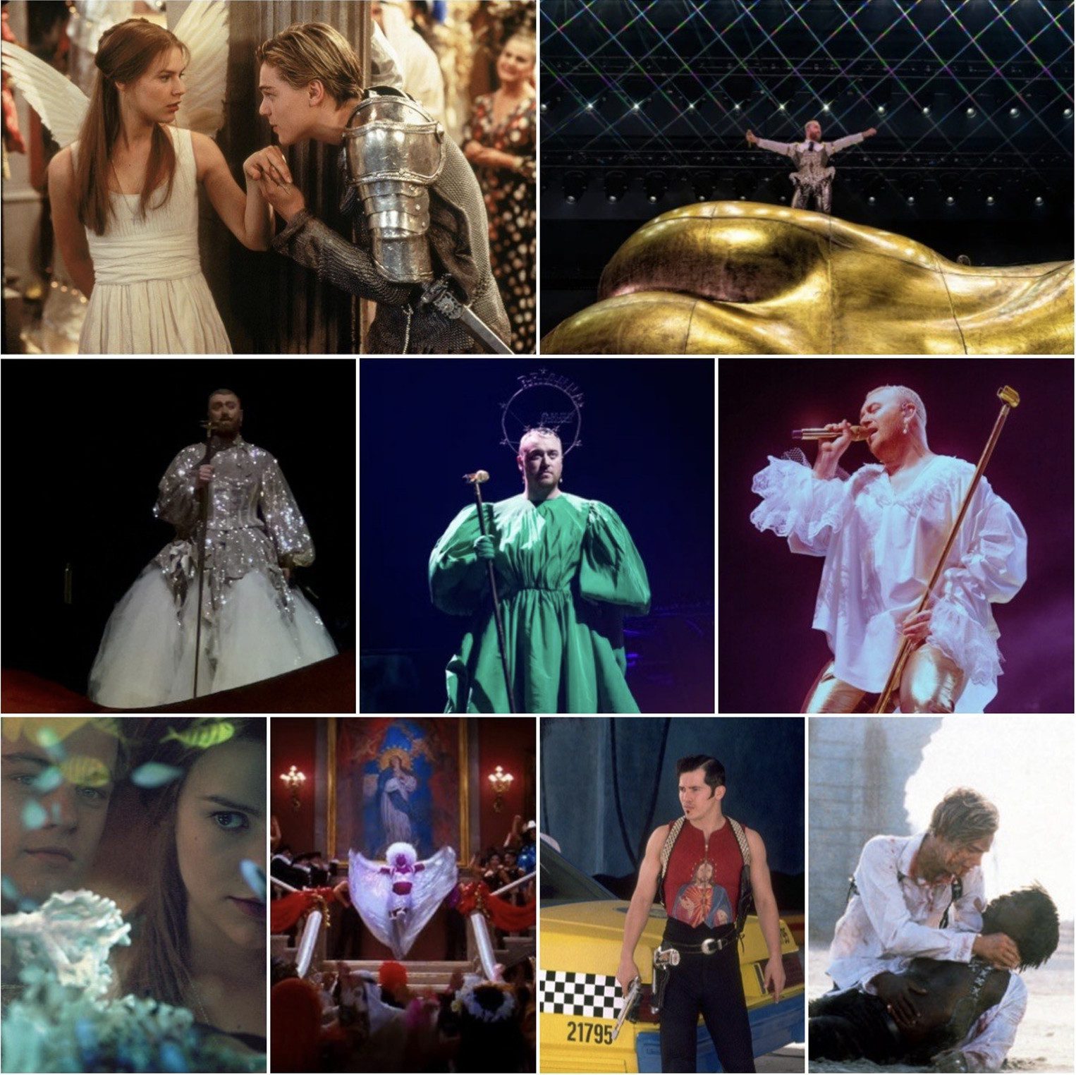 Grid of images from the film Romeo + Juliet and Sam Smith’s Gloria Concert: top, Romeo as a knight kissing the hand of Juliet as an angel; Smith standing atop a gilded nude sculpture set; middle, Smith in a silver sequin dress, in a green voluminous dress, and in a white Tudor-style shirt, gold tights, and holding a scepter and mic; below, Romeo and Juliet look at each other through a fish tank, Mercutio dances in drag atop a staircase, Tybalt, in a sleeveless red shirt, stands in front of a cab, and Romeo cradles the dying Mercutio.