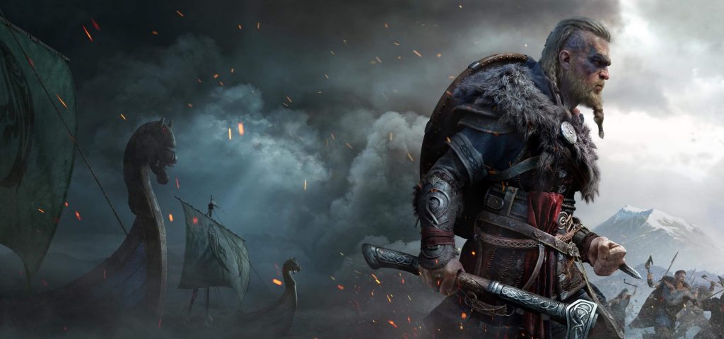 Promotional art for the Assassin’s Creed Valhalla video game, featuring the male variant of the player character, Eivor, leading a band of viking raiders from their ships to shore.