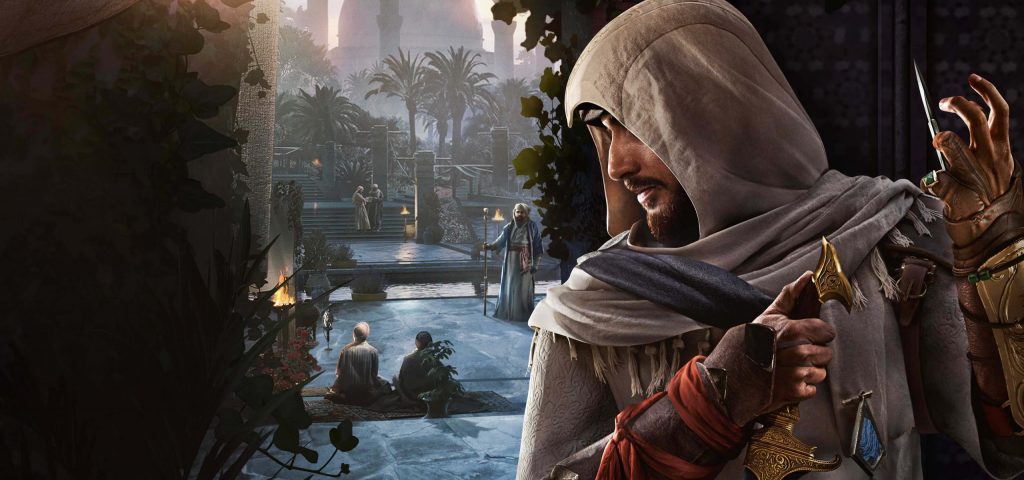 Promotional art for the Assassin’s Creed Mirage video game, featuring the player character, Basim, looking around the corner of a vine-covered building towards a garden or courtyard. The dome and minarets of a mosque can be seen in the background.
