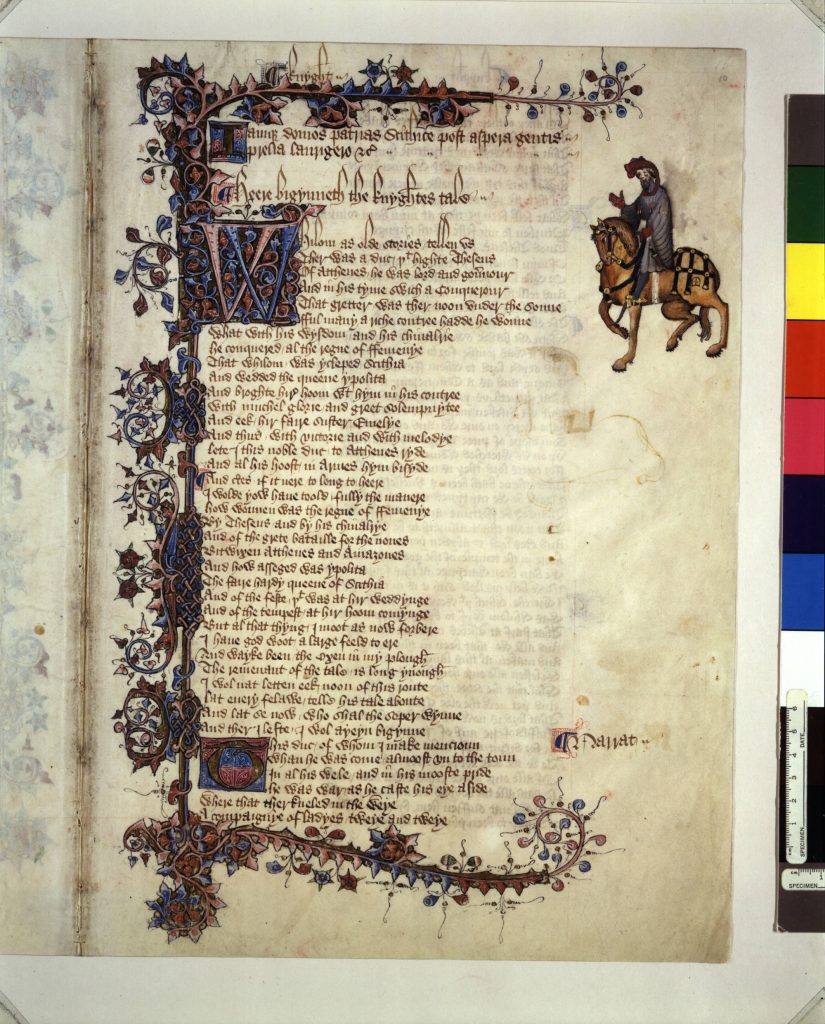 An illuminated manuscript page from Geoffrey Chaucer’s Knight’s Tale, a part of the Canterbury Tales. There are three highly decorated initial letters, detailed scrollwork along the left of the text, and an illustration of a knight riding a horse.